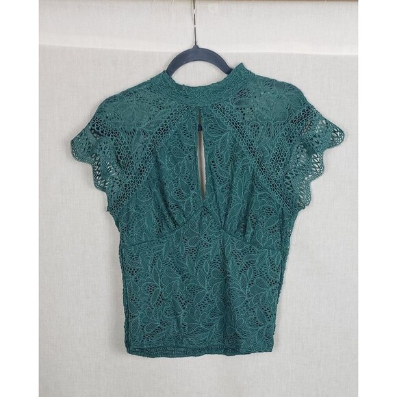 Daytrip Blouse M Teal Green Smocked Lace Mock Neck Keyhole Dainty Feminine Fall - Picture 1 of 9
